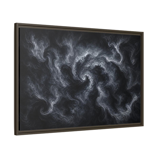 Main Mockup. Abstract Swirling Smoke Dark Grey Swirls shown as stretched canvas wall art