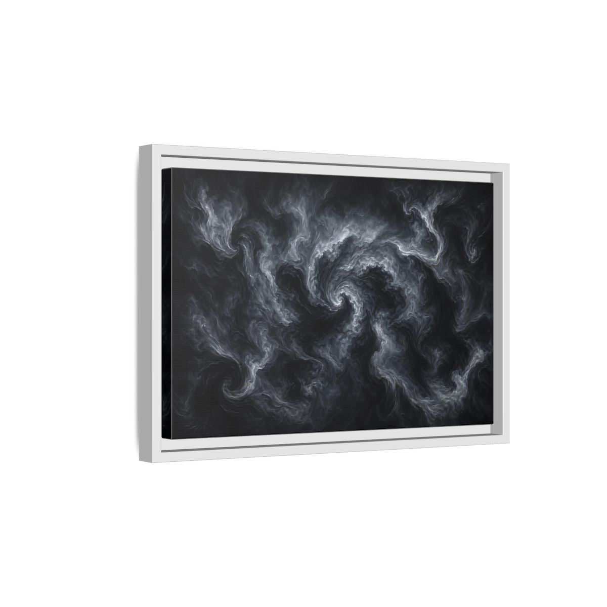Side Mockup 4. Abstract Swirling Smoke Dark Grey Swirls shown as stretched canvas wall art