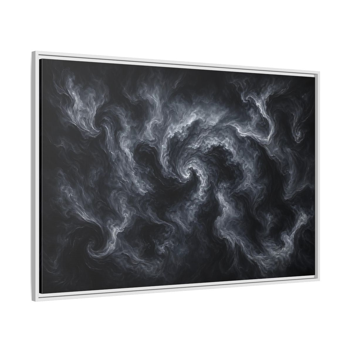 Side Mockup 7. Abstract Swirling Smoke Dark Grey Swirls shown as stretched canvas wall art