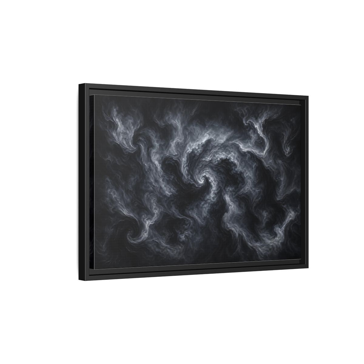 Side Mockup 3. Abstract Swirling Smoke Dark Grey Swirls shown as stretched canvas wall art