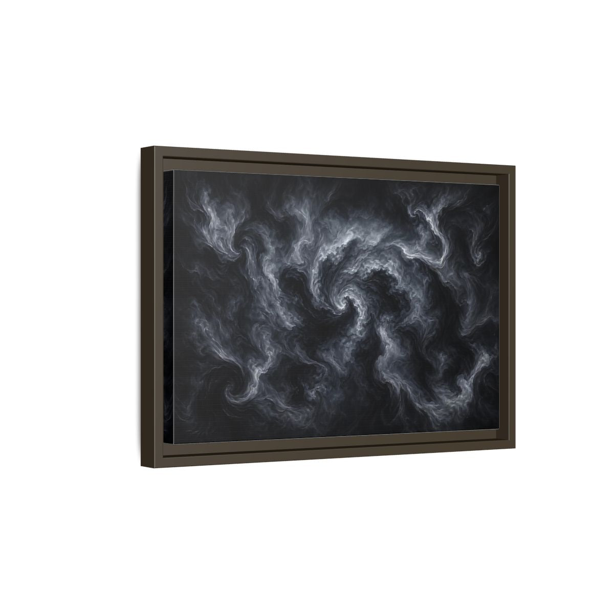 Side Mockup 5. Abstract Swirling Smoke Dark Grey Swirls shown as stretched canvas wall art