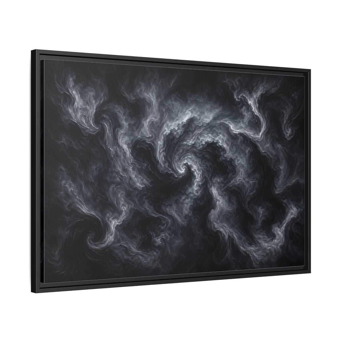 Side Mockup 13. Abstract Swirling Smoke Dark Grey Swirls shown as stretched canvas wall art