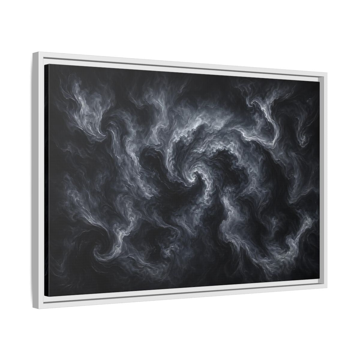 Side Mockup 10. Abstract Swirling Smoke Dark Grey Swirls shown as stretched canvas wall art
