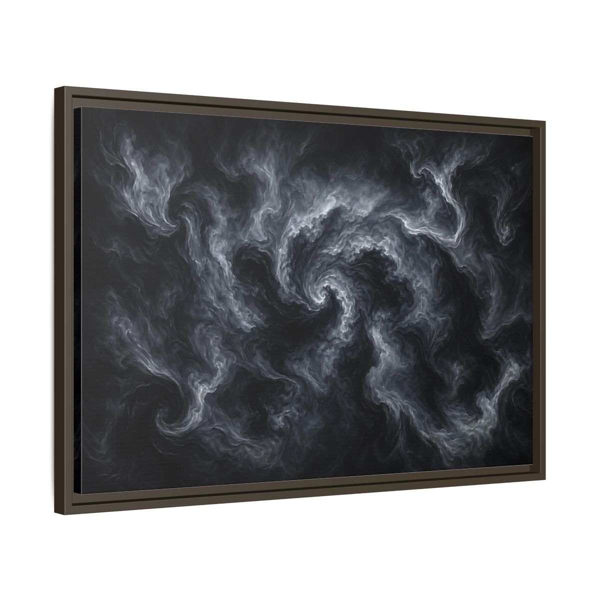 Side Mockup 11. Abstract Swirling Smoke Dark Grey Swirls shown as stretched canvas wall art