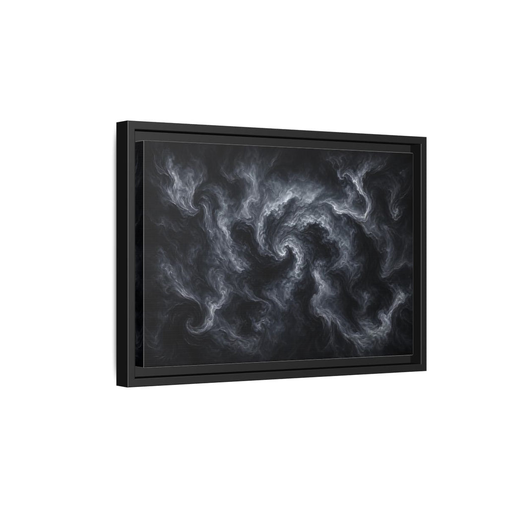 Side Mockup 6. Abstract Swirling Smoke Dark Grey Swirls shown as stretched canvas wall art
