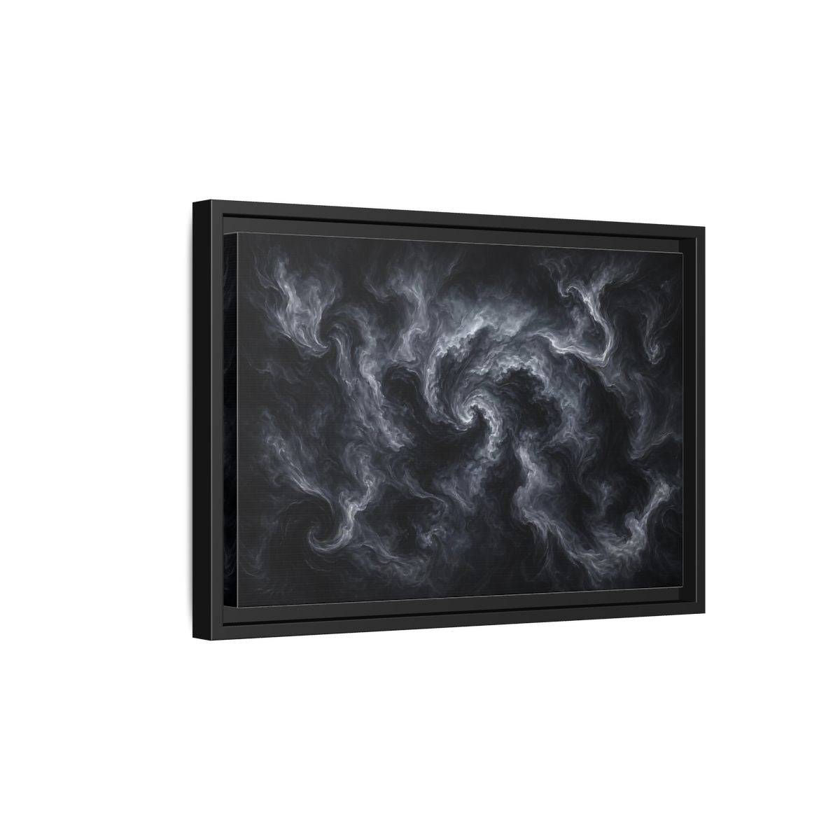 Side Mockup 6. Abstract Swirling Smoke Dark Grey Swirls shown as stretched canvas wall art