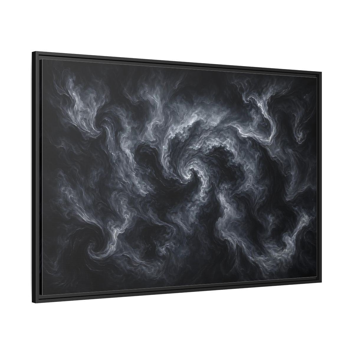 Side Mockup 12. Abstract Swirling Smoke Dark Grey Swirls shown as stretched canvas wall art