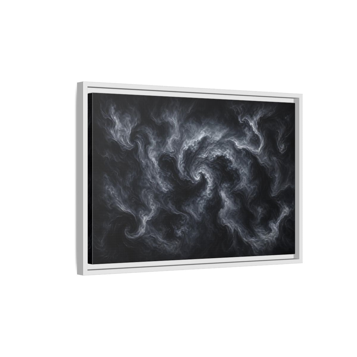 Side Mockup 1. Abstract Swirling Smoke Dark Grey Swirls shown as stretched canvas wall art