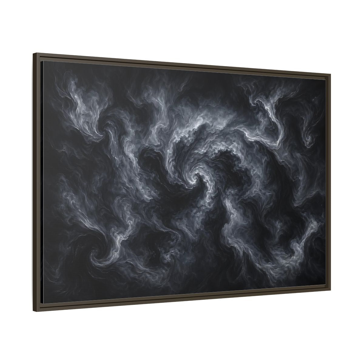 Side Mockup 8. Abstract Swirling Smoke Dark Grey Swirls shown as stretched canvas wall art