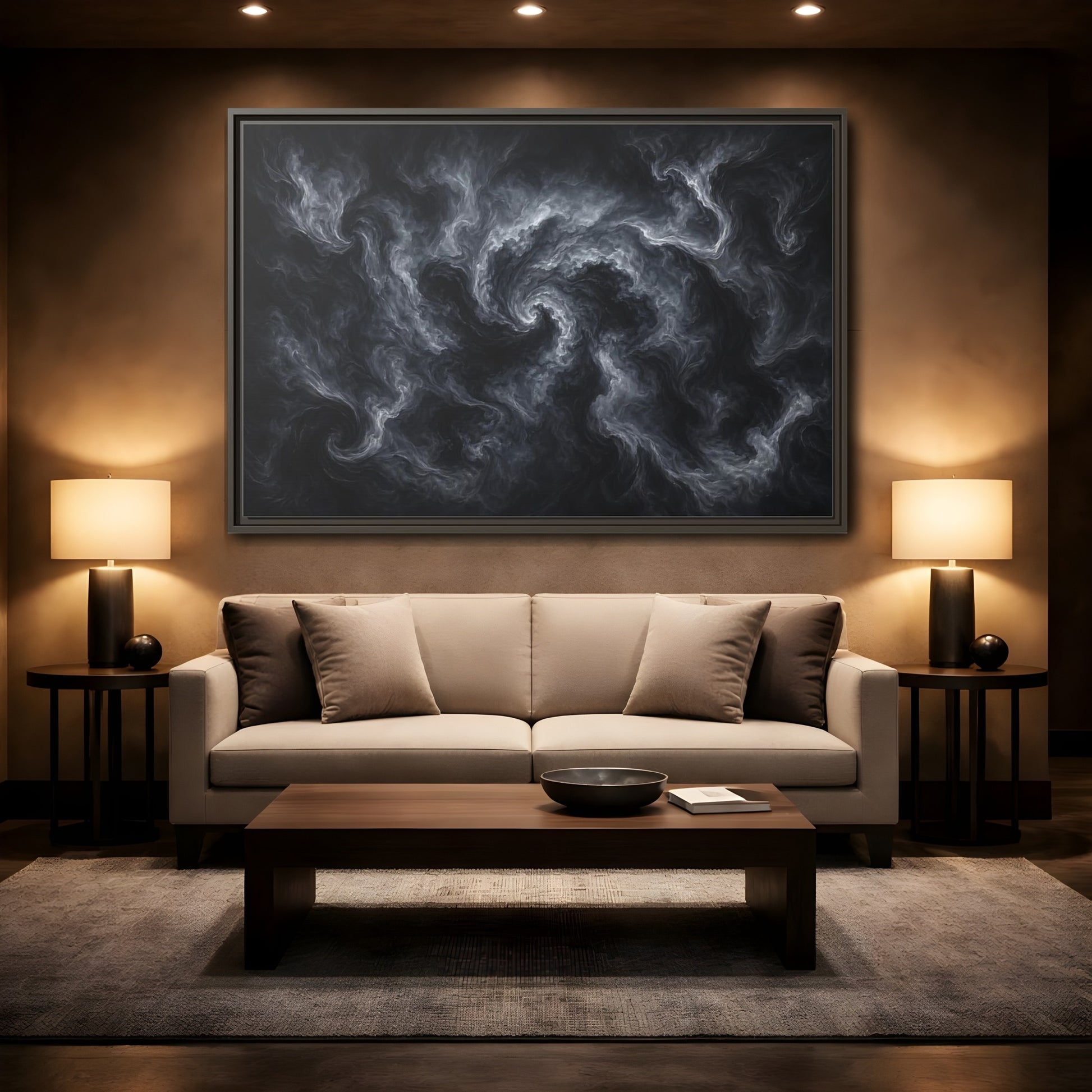 Mockup 2. Abstract Swirling Smoke Dark Grey Swirls shown as stretched canvas wall art