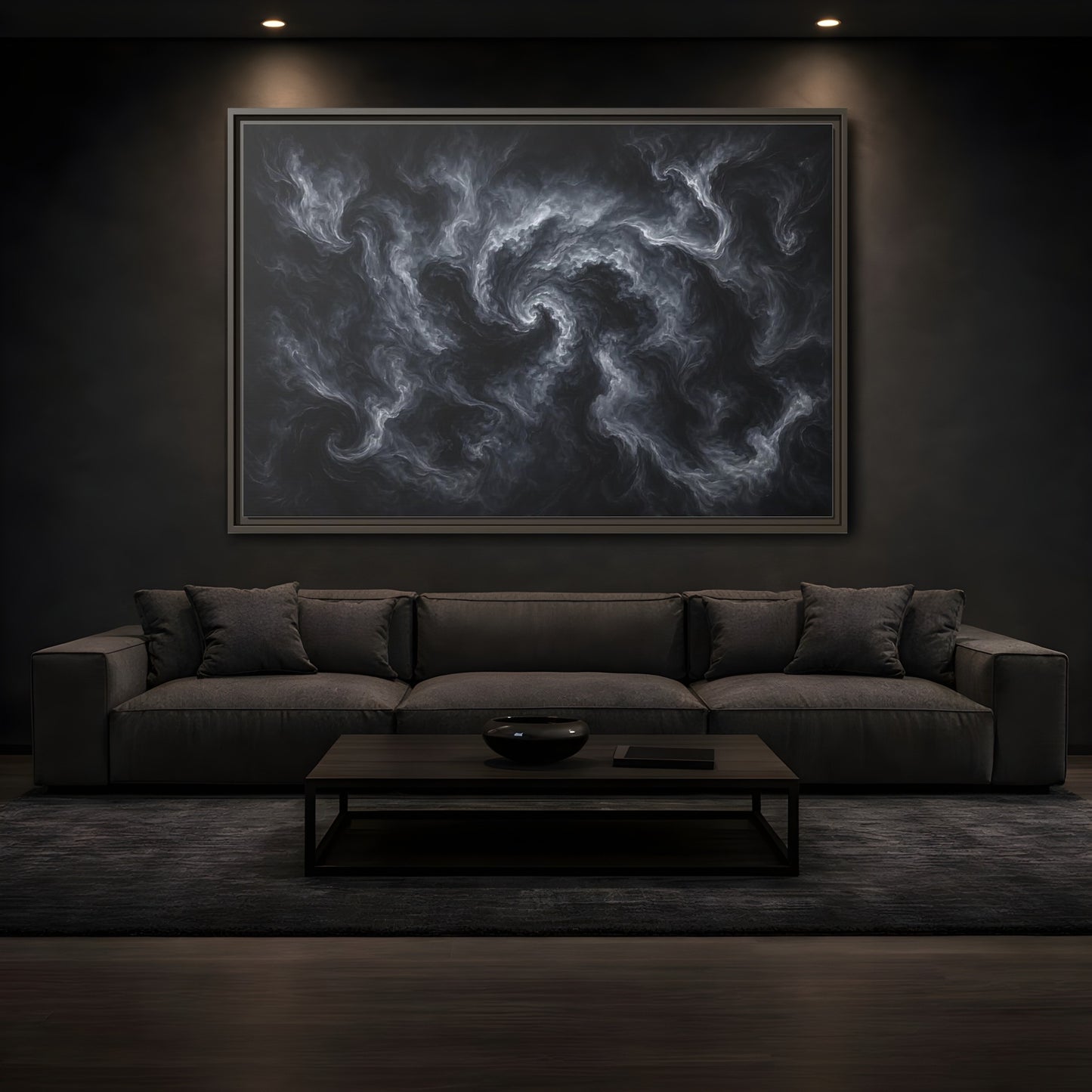 Mockup 3. Abstract Swirling Smoke Dark Grey Swirls shown as stretched canvas wall art