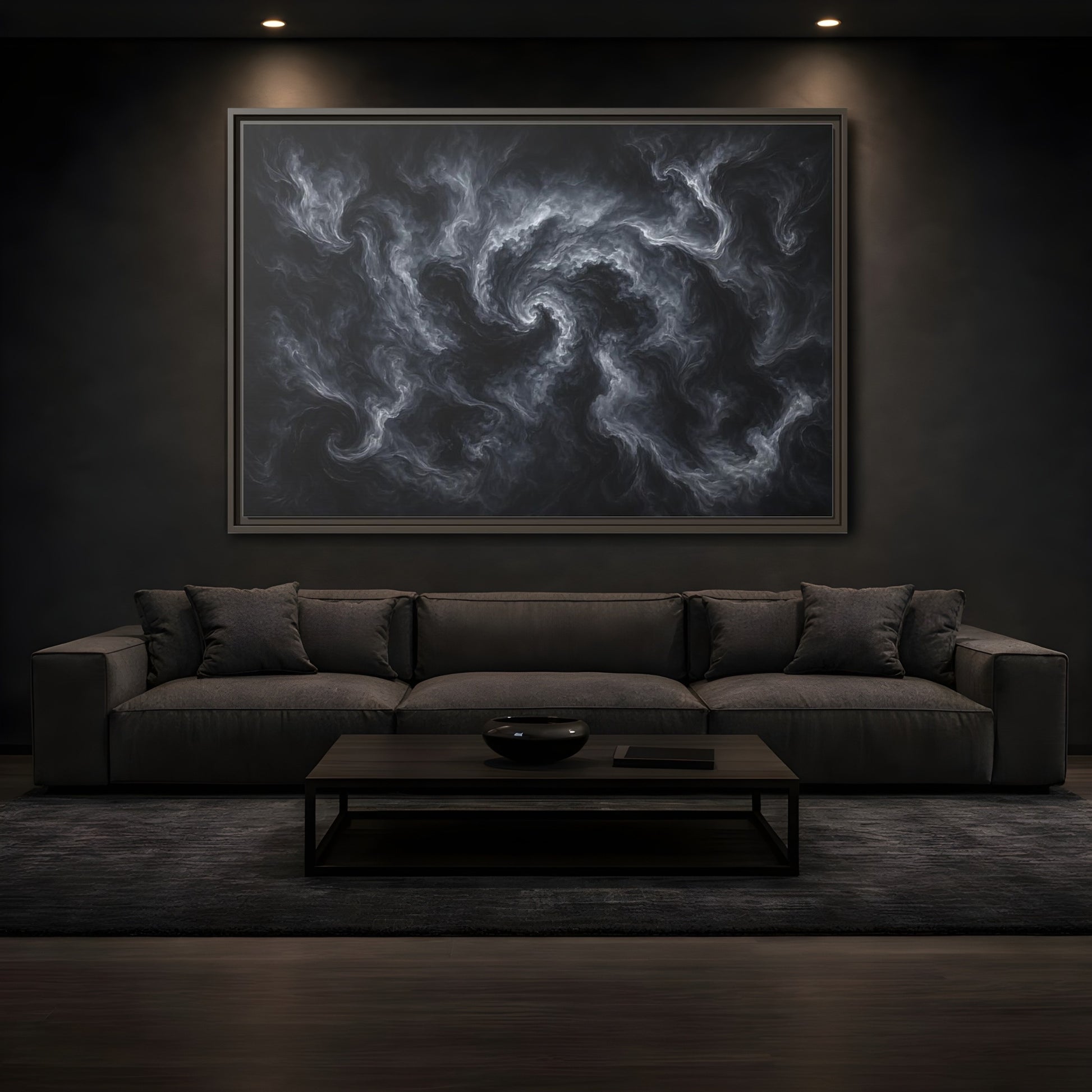 Mockup 3. Abstract Swirling Smoke Dark Grey Swirls shown as stretched canvas wall art