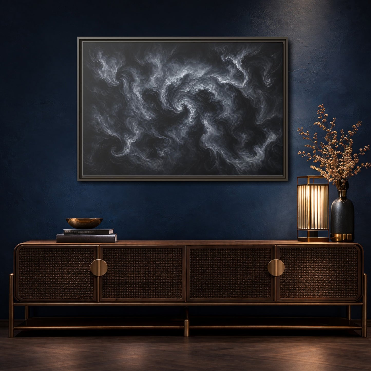 Mockup 4. Abstract Swirling Smoke Dark Grey Swirls shown as stretched canvas wall art