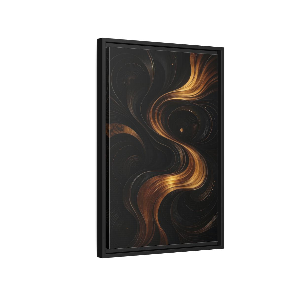 Side Mockup 3. Abstract Abstract Swirls Black And Gold Abstract shown as stretched canvas wall art