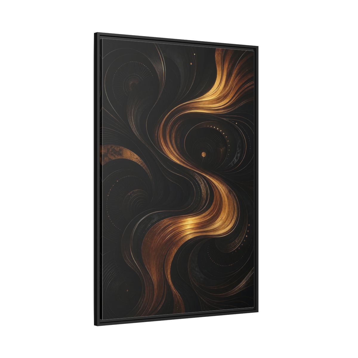Side Mockup 12. Abstract Abstract Swirls Black And Gold Abstract shown as stretched canvas wall art