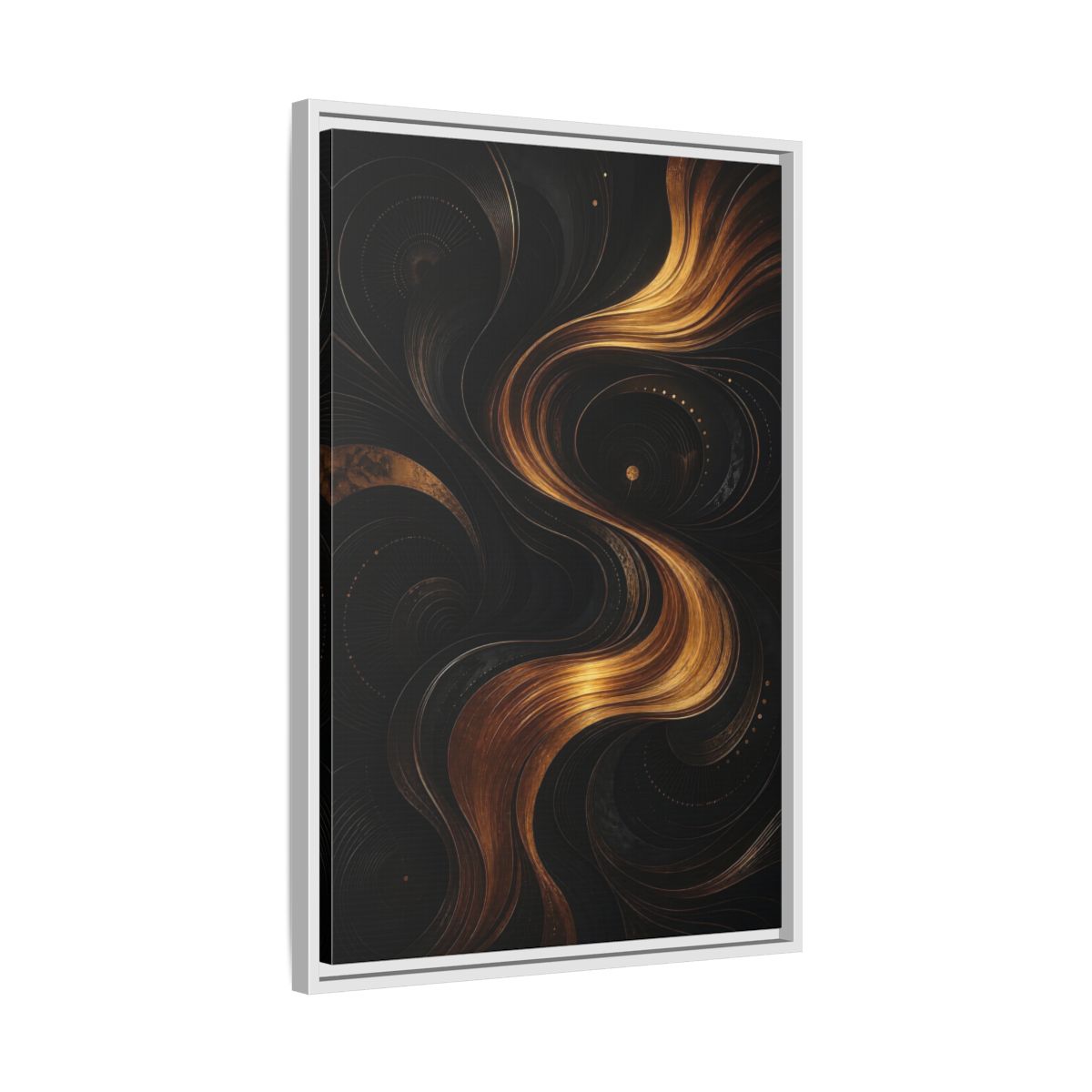 Side Mockup 10. Abstract Abstract Swirls Black And Gold Abstract shown as stretched canvas wall art