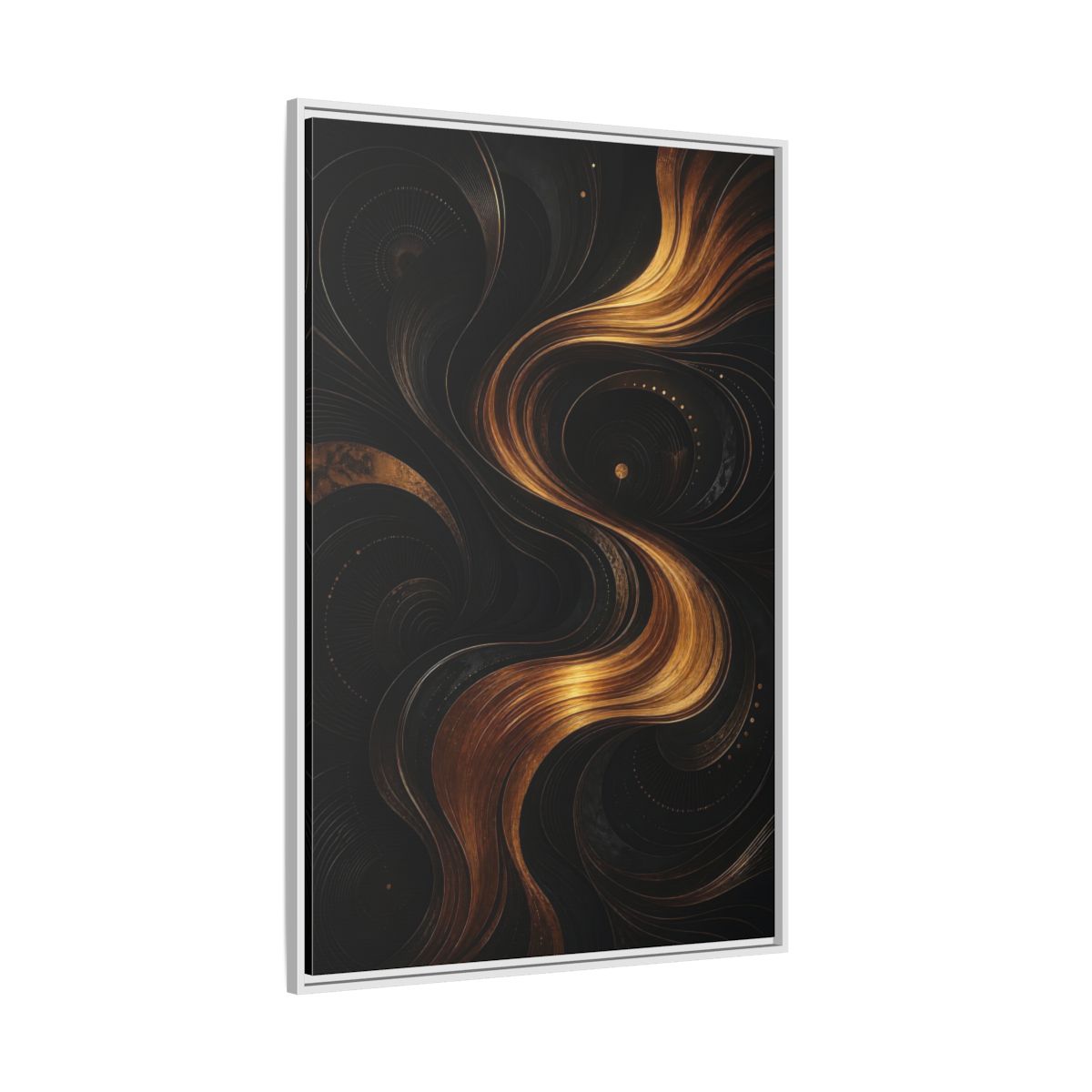 Side Mockup 7. Abstract Abstract Swirls Black And Gold Abstract shown as stretched canvas wall art