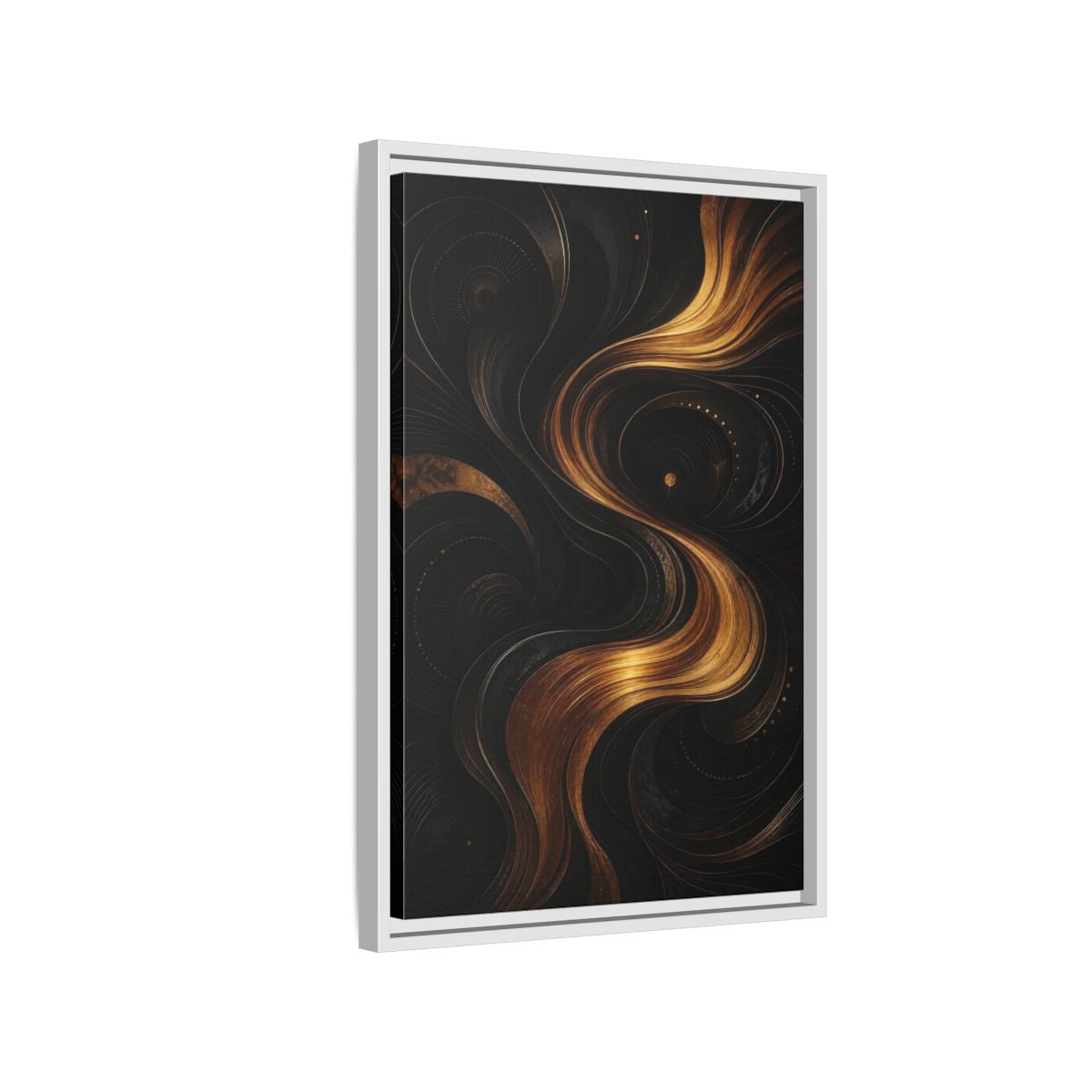 Side Mockup 1. Abstract Abstract Swirls Black And Gold Abstract shown as stretched canvas wall art