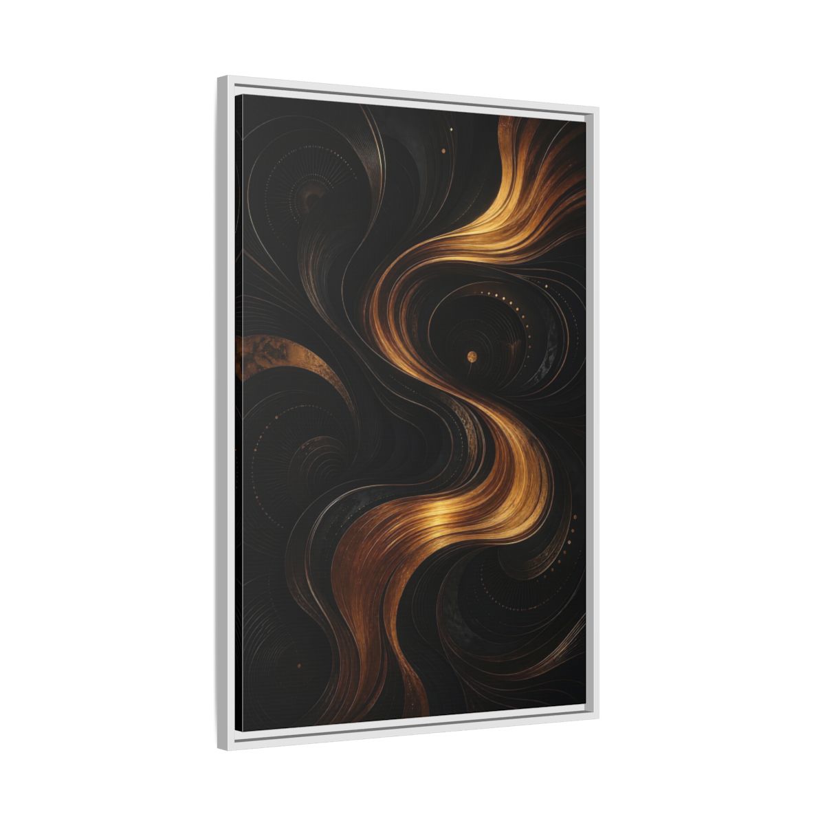 Side Mockup 9. Abstract Abstract Swirls Black And Gold Abstract shown as stretched canvas wall art