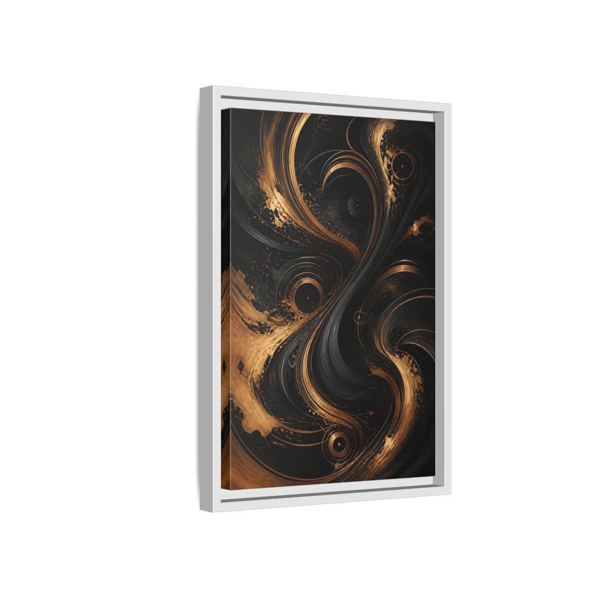 Side Mockup 4. Abstract Abstract Swirls Black And Gold Abstract shown as stretched canvas wall art