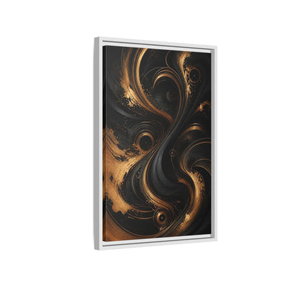 Side Mockup 1. Abstract Abstract Swirls Black And Gold Abstract shown as stretched canvas wall art