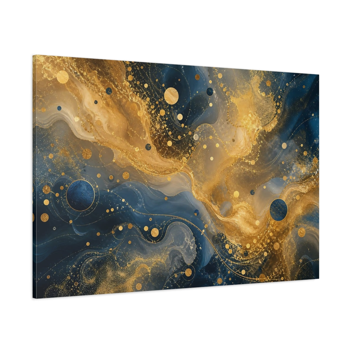 Side Mockup 1. Abstract Abstract Swirls Blue And Gold Abstract shown as stretched canvas wall art