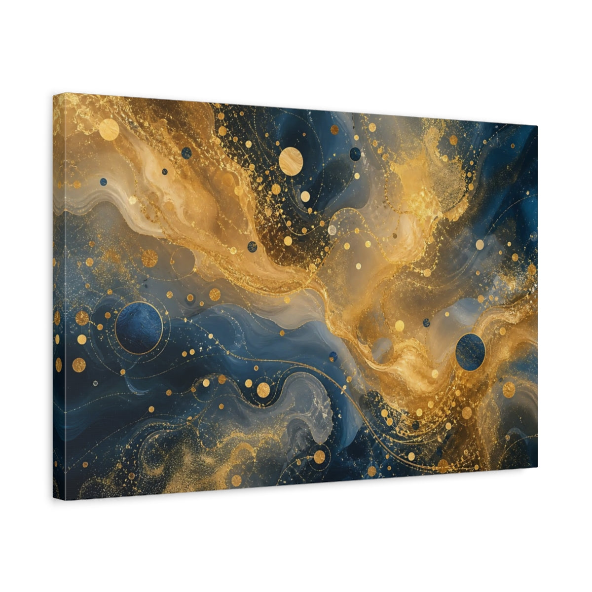 Side Mockup 3. Abstract Abstract Swirls Blue And Gold Abstract shown as stretched canvas wall art