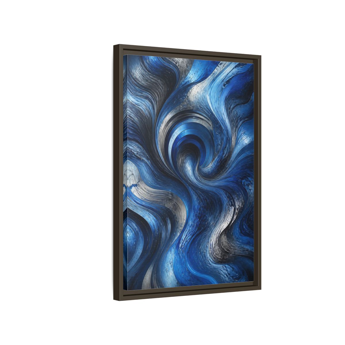 Side Mockup 2. Abstract Abstract Swirls Blue Silver Swirls shown as stretched canvas wall art