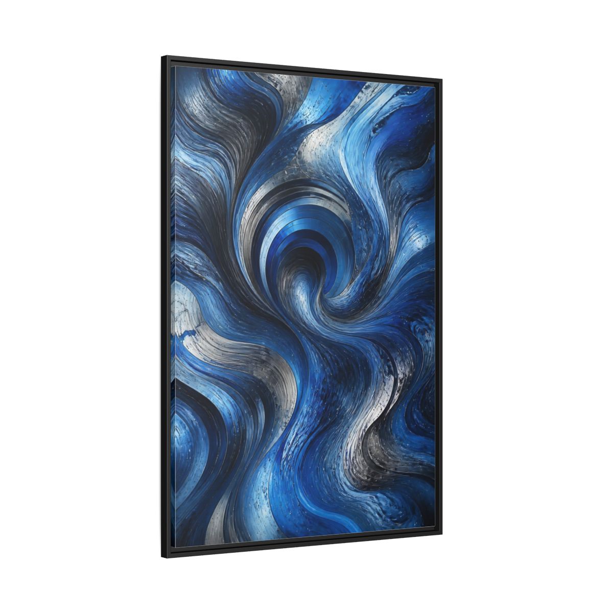 Side Mockup 12. Abstract Abstract Swirls Blue Silver Swirls shown as stretched canvas wall art