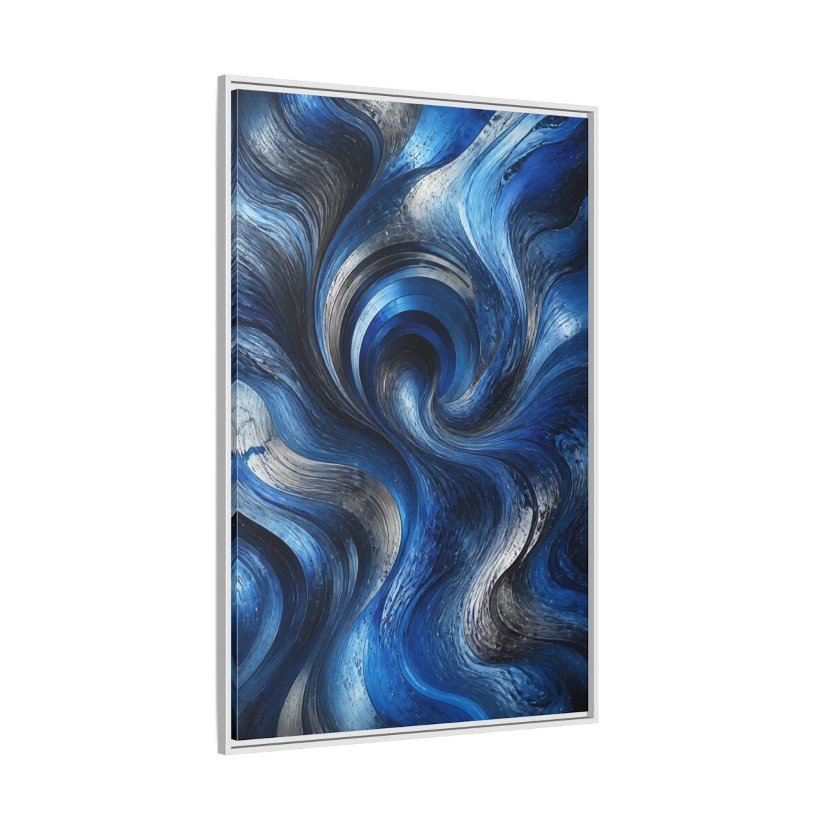 Side Mockup 7. Abstract Abstract Swirls Blue Silver Swirls shown as stretched canvas wall art