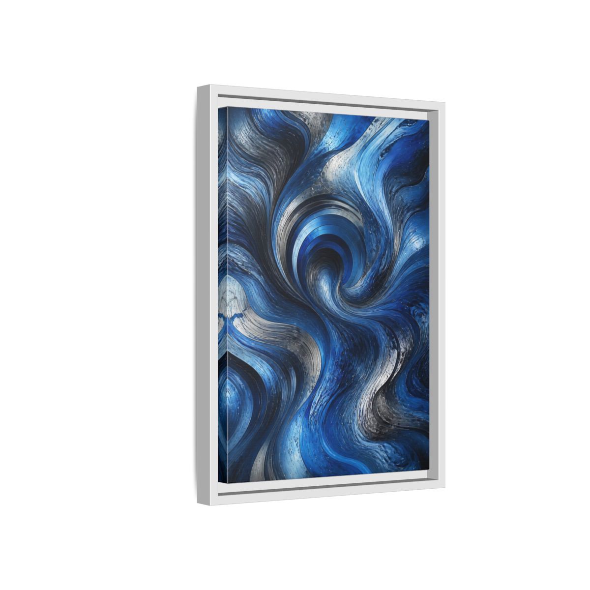Side Mockup 4. Abstract Abstract Swirls Blue Silver Swirls shown as stretched canvas wall art