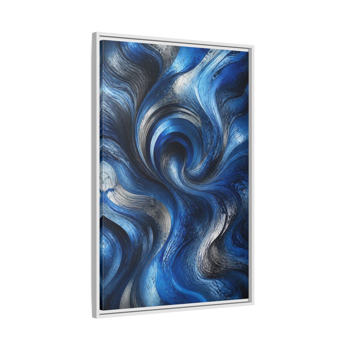 Side Mockup 9. Abstract Abstract Swirls Blue Silver Swirls shown as stretched canvas wall art