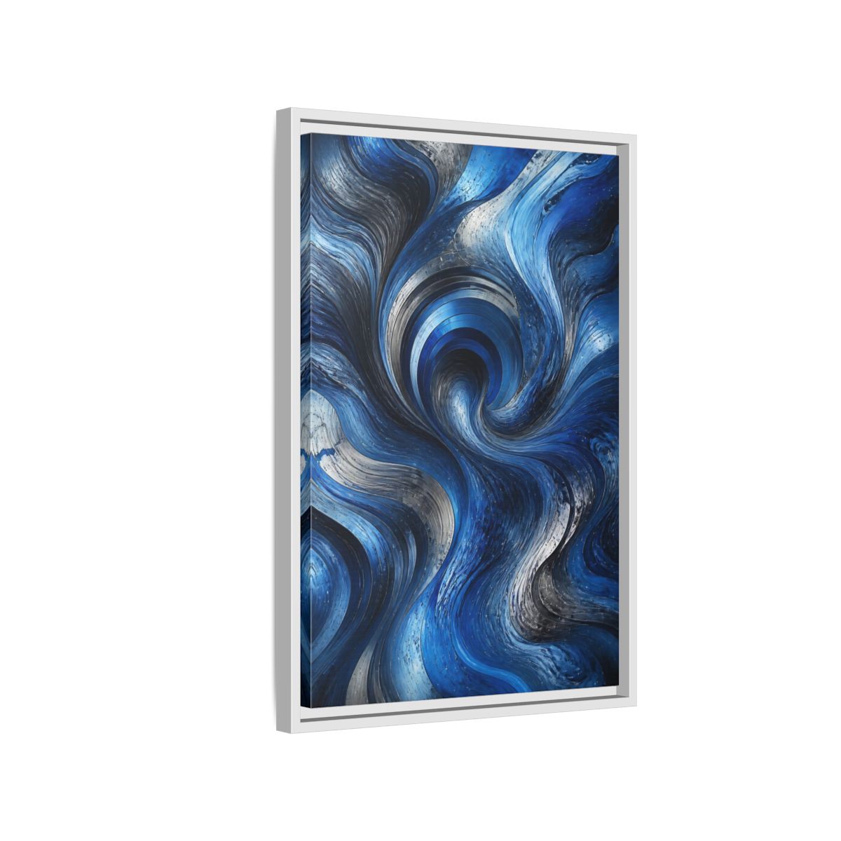 Side Mockup 1. Abstract Abstract Swirls Blue Silver Swirls shown as stretched canvas wall art