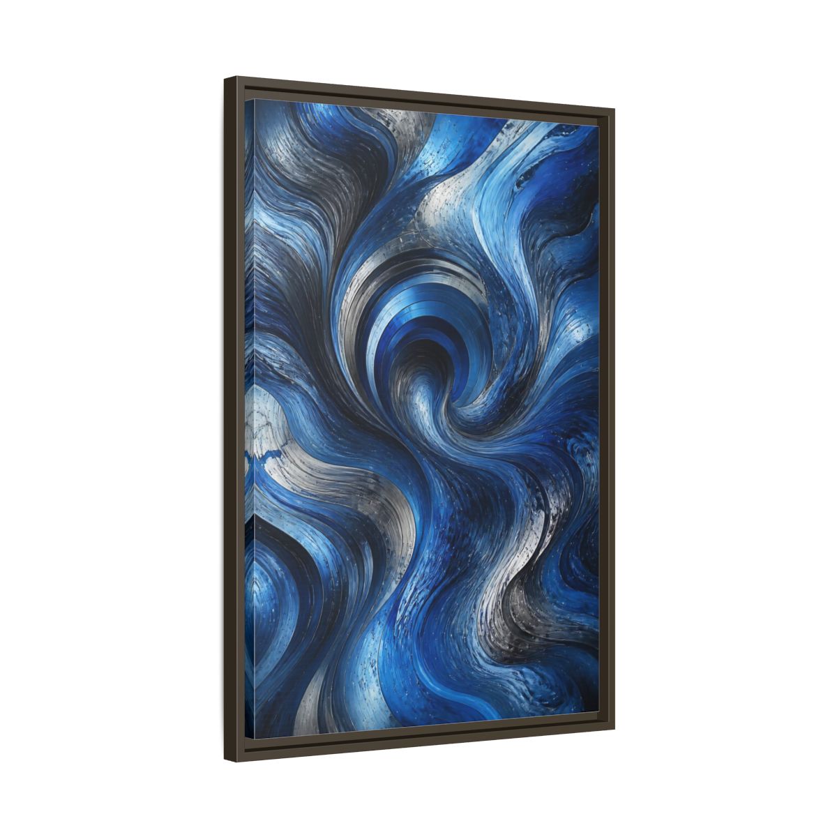 Side Mockup 11. Abstract Abstract Swirls Blue Silver Swirls shown as stretched canvas wall art