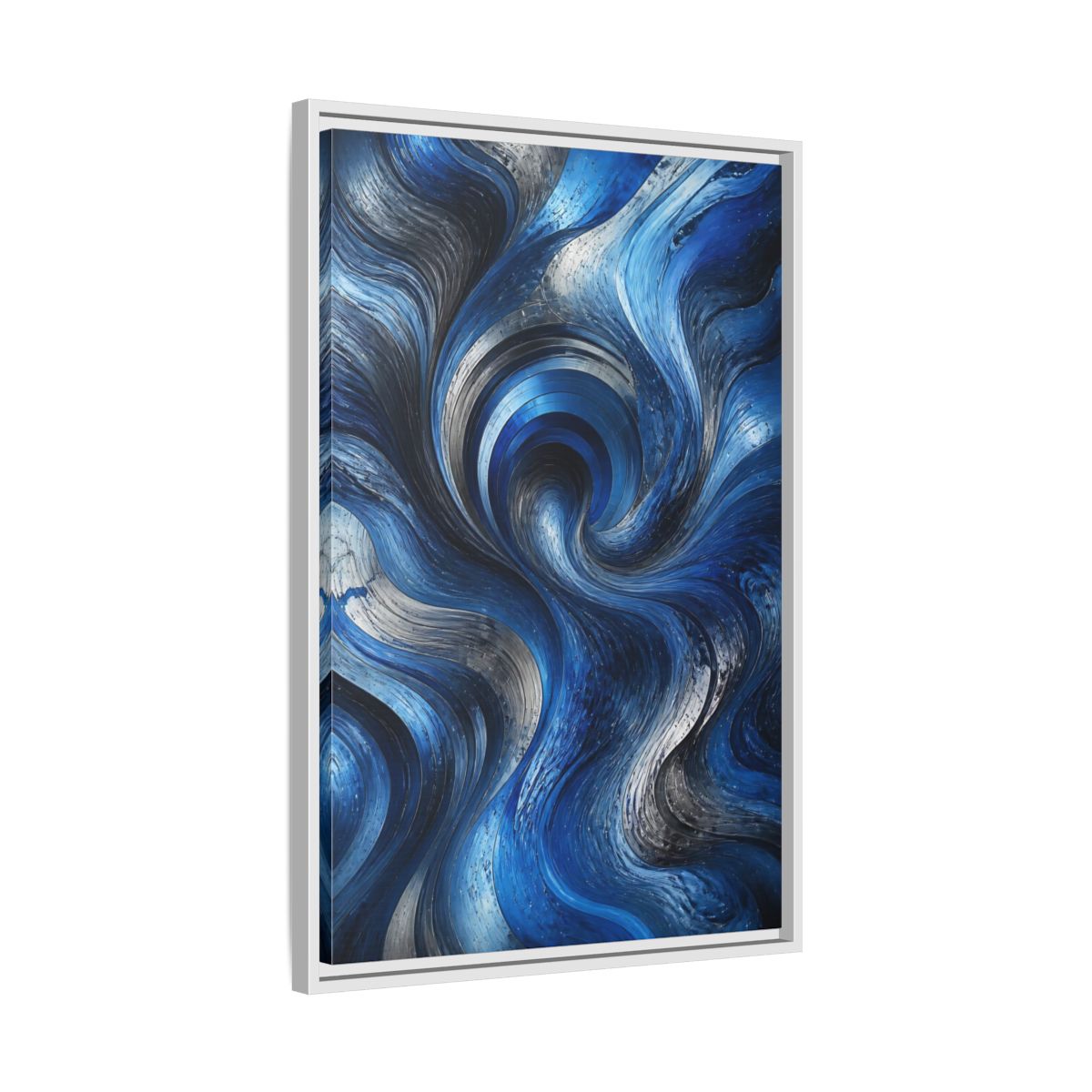 Side Mockup 10. Abstract Abstract Swirls Blue Silver Swirls shown as stretched canvas wall art