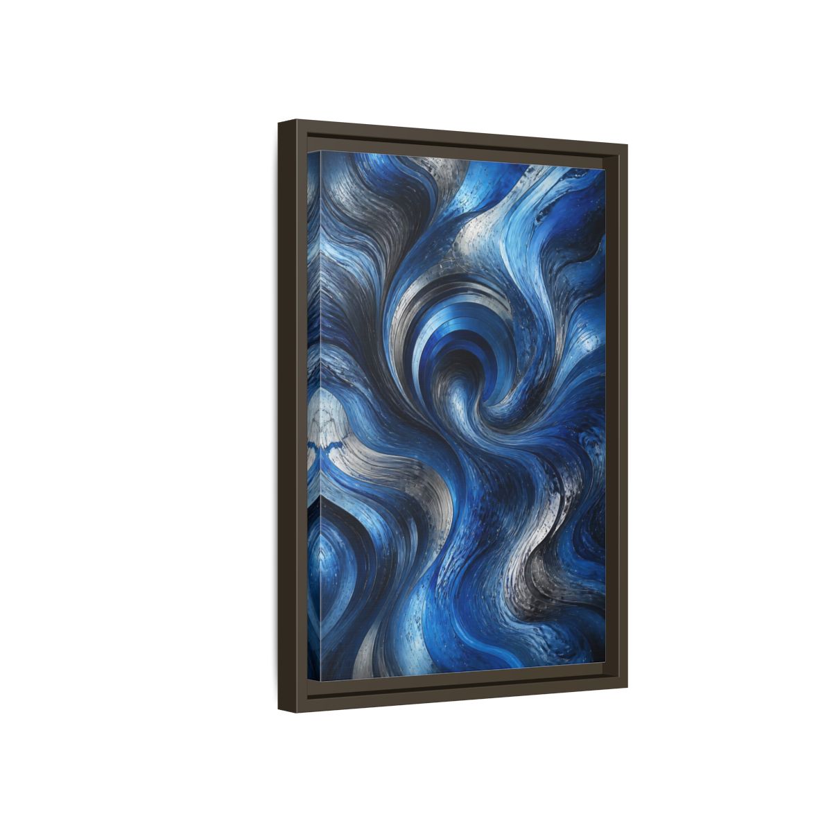 Side Mockup 5. Abstract Abstract Swirls Blue Silver Swirls shown as stretched canvas wall art