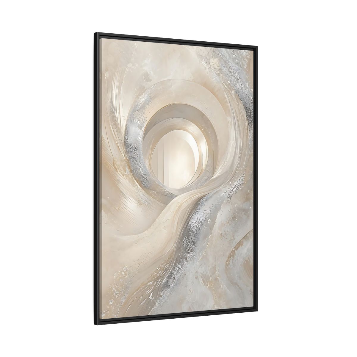 Side Mockup 12. Abstract Abstract Swirls Cream Silver Abstract shown as stretched canvas wall art