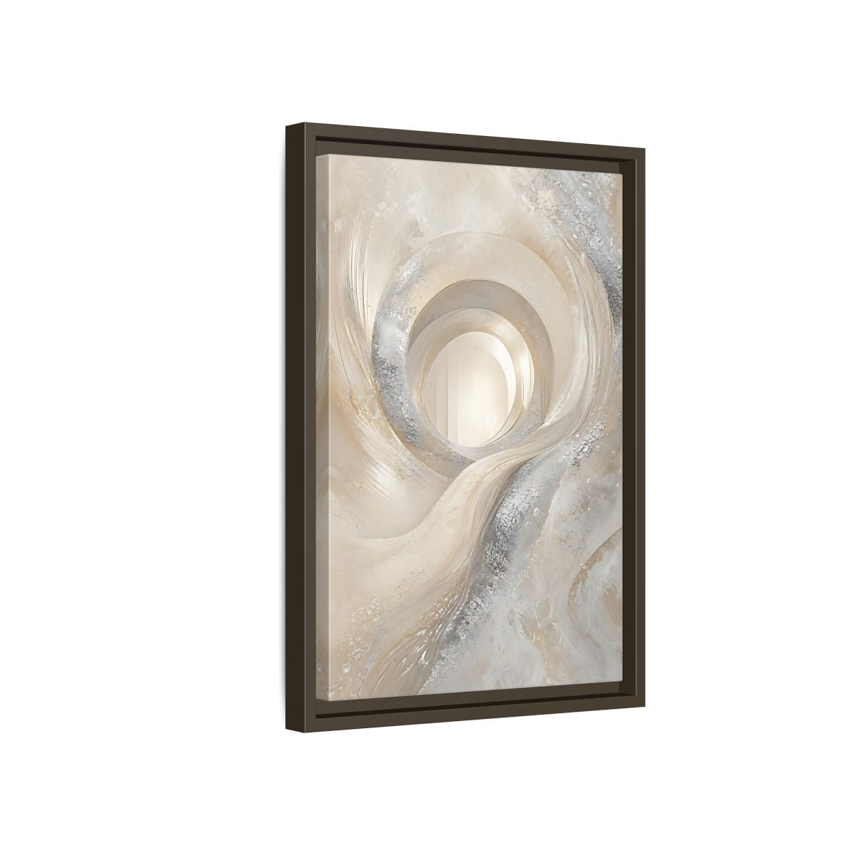 Side Mockup 5. Abstract Abstract Swirls Cream Silver Abstract shown as stretched canvas wall art
