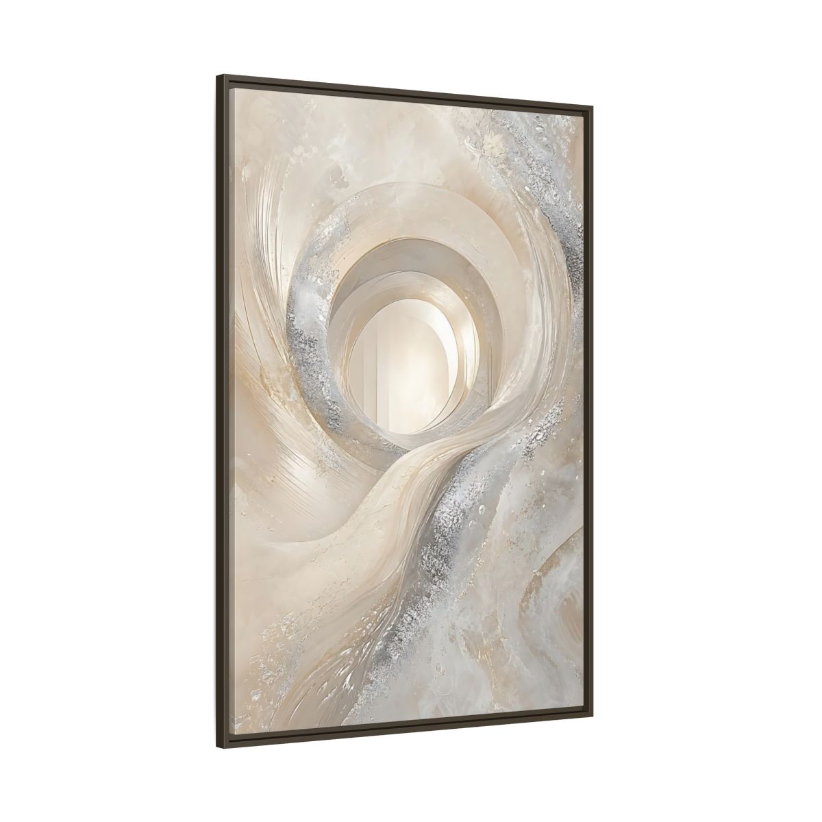 Side Mockup 8. Abstract Abstract Swirls Cream Silver Abstract shown as stretched canvas wall art