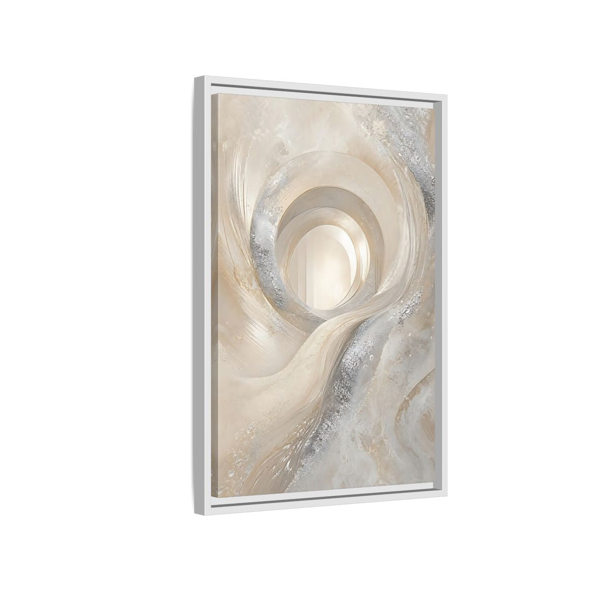 Side Mockup 1. Abstract Abstract Swirls Cream Silver Abstract shown as stretched canvas wall art