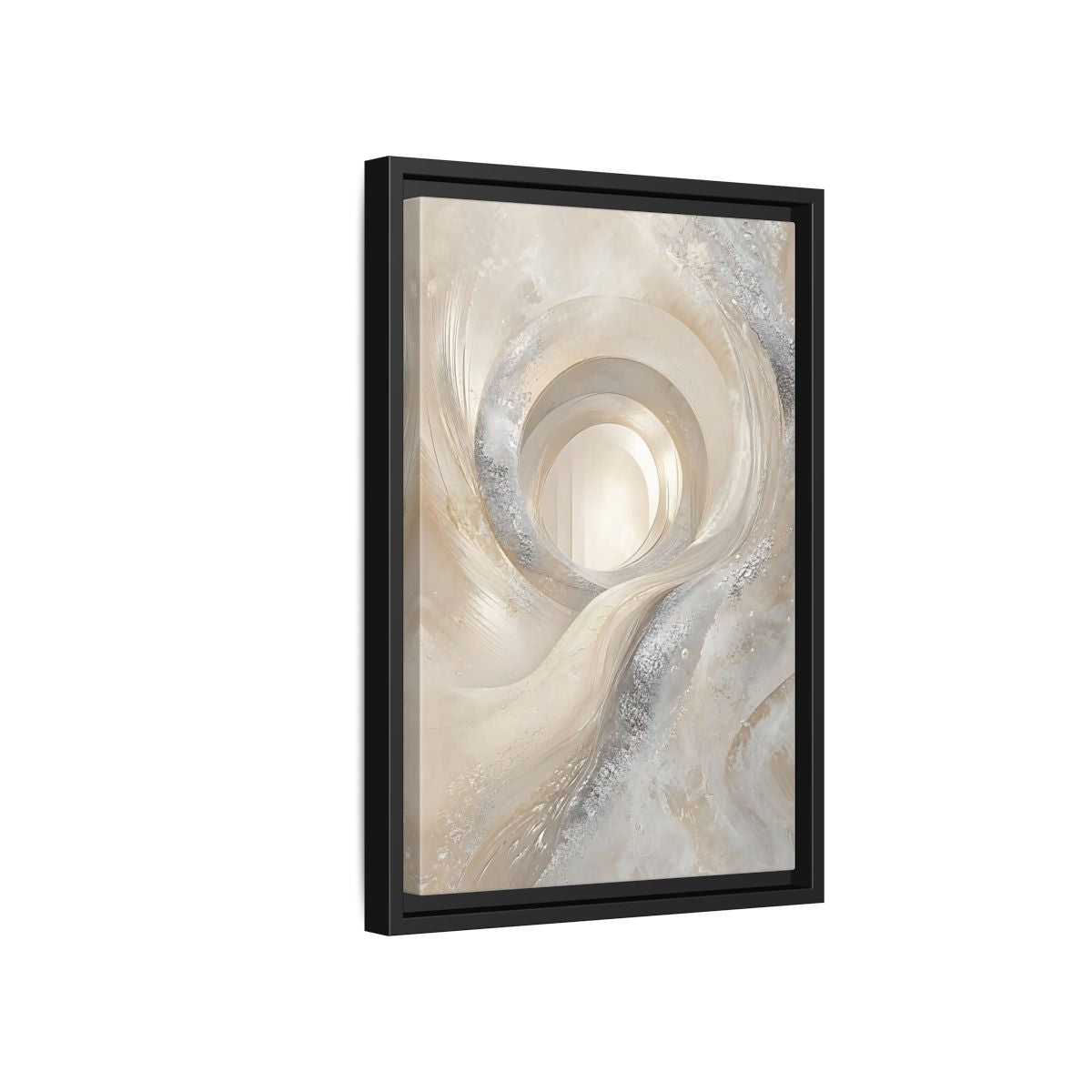 Side Mockup 6. Abstract Abstract Swirls Cream Silver Abstract shown as stretched canvas wall art