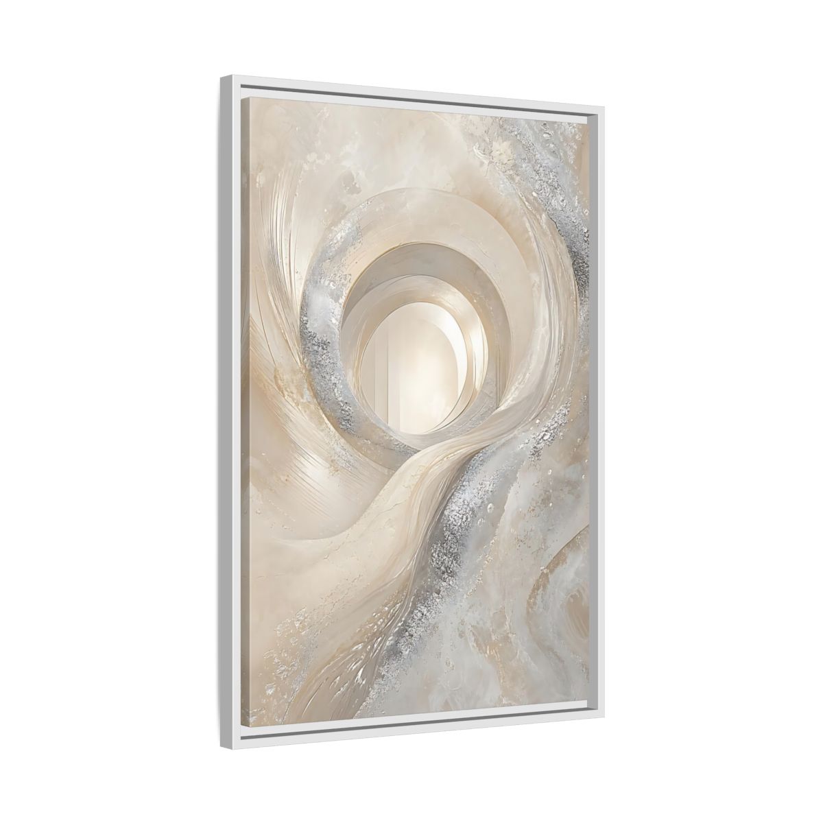 Side Mockup 10. Abstract Abstract Swirls Cream Silver Abstract shown as stretched canvas wall art