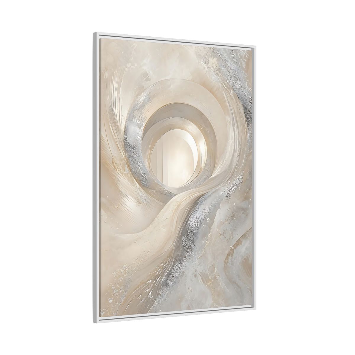 Side Mockup 7. Abstract Abstract Swirls Cream Silver Abstract shown as stretched canvas wall art