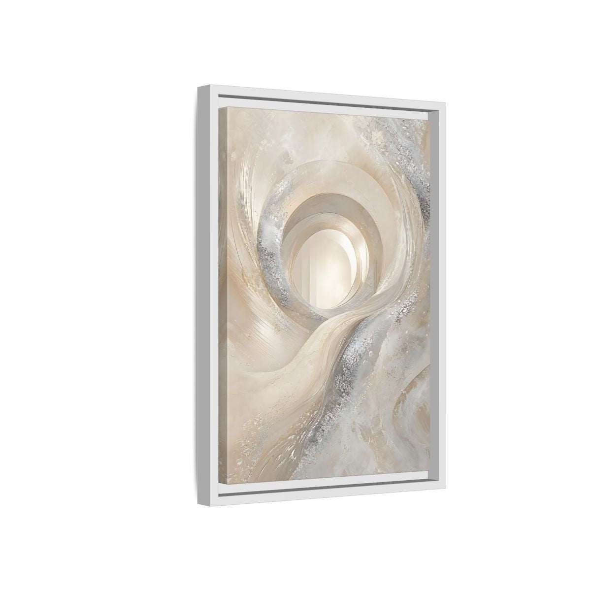 Side Mockup 4. Abstract Abstract Swirls Cream Silver Abstract shown as stretched canvas wall art