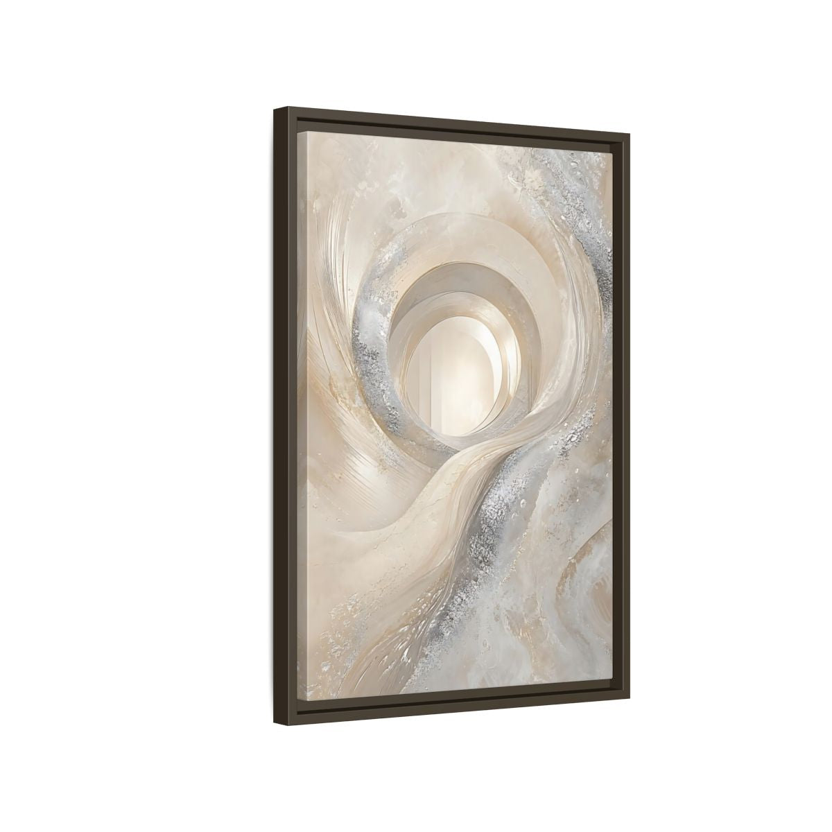 Side Mockup 2. Abstract Abstract Swirls Cream Silver Abstract shown as stretched canvas wall art