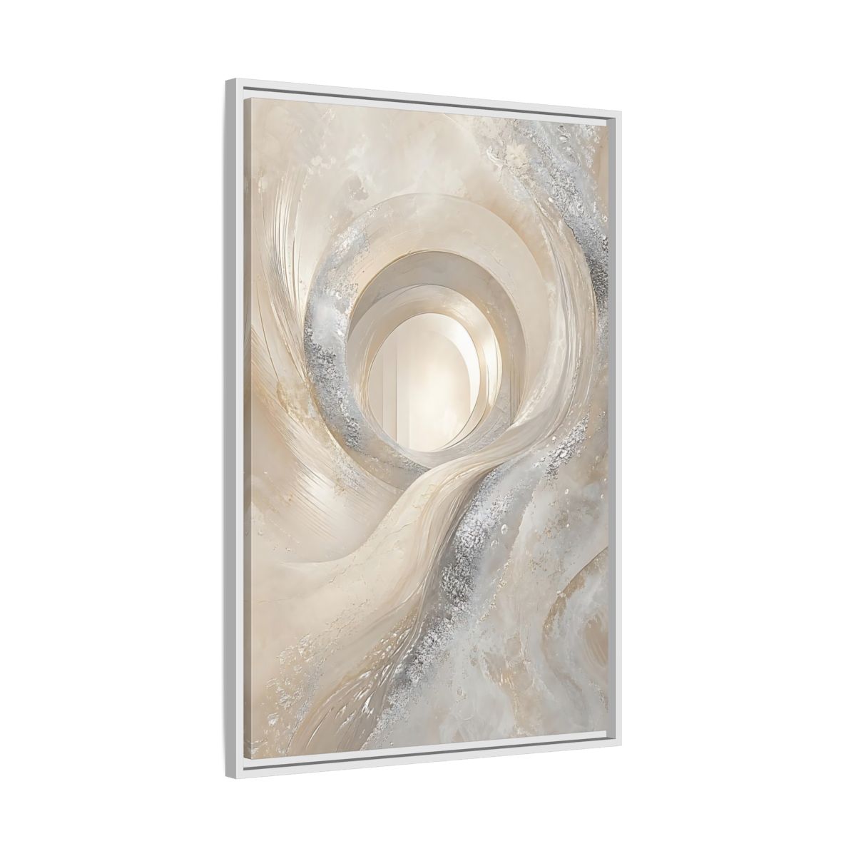 Side Mockup 9. Abstract Abstract Swirls Cream Silver Abstract shown as stretched canvas wall art