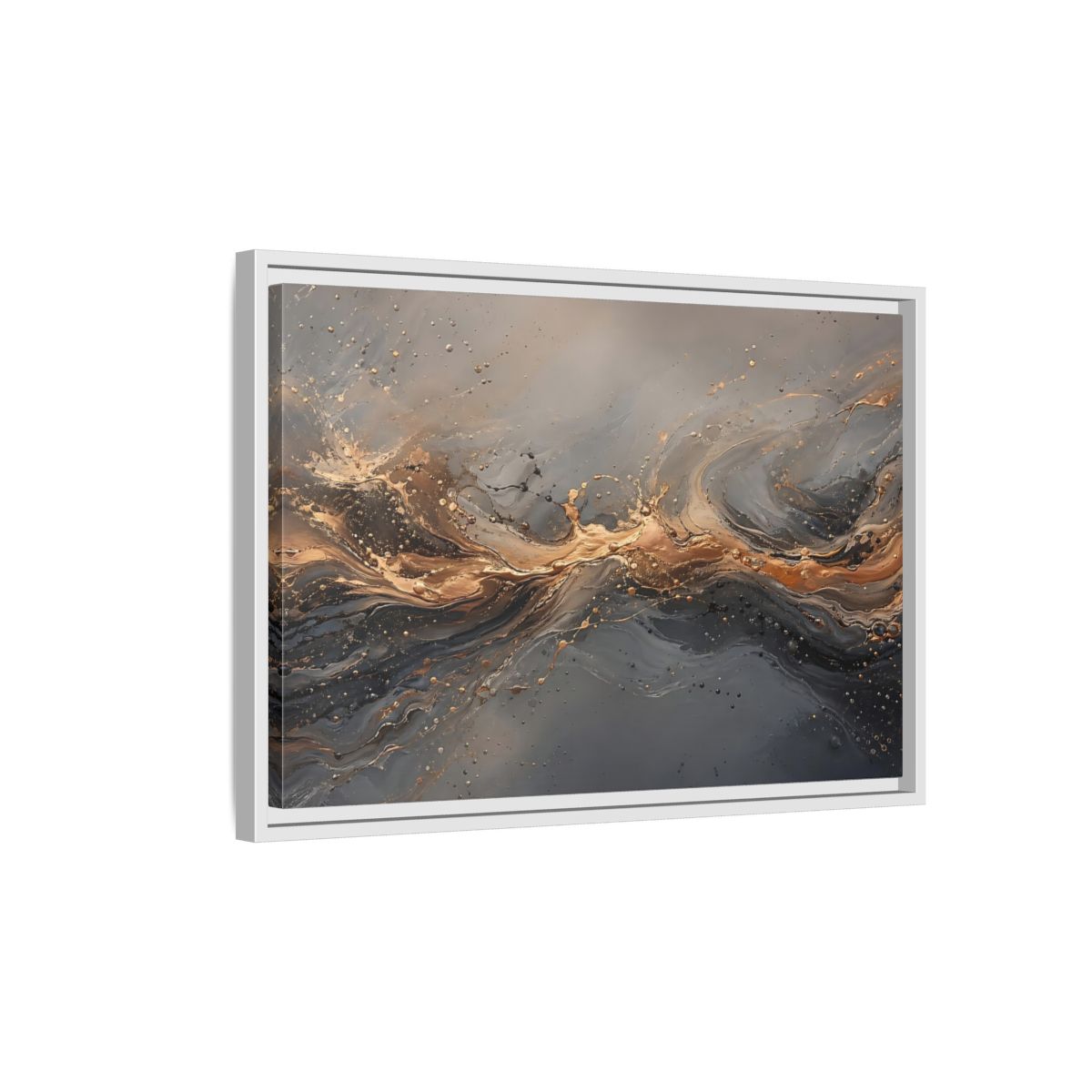Side Mockup 1. Abstract Abstract Swirls Gold And Gray shown as stretched canvas wall art