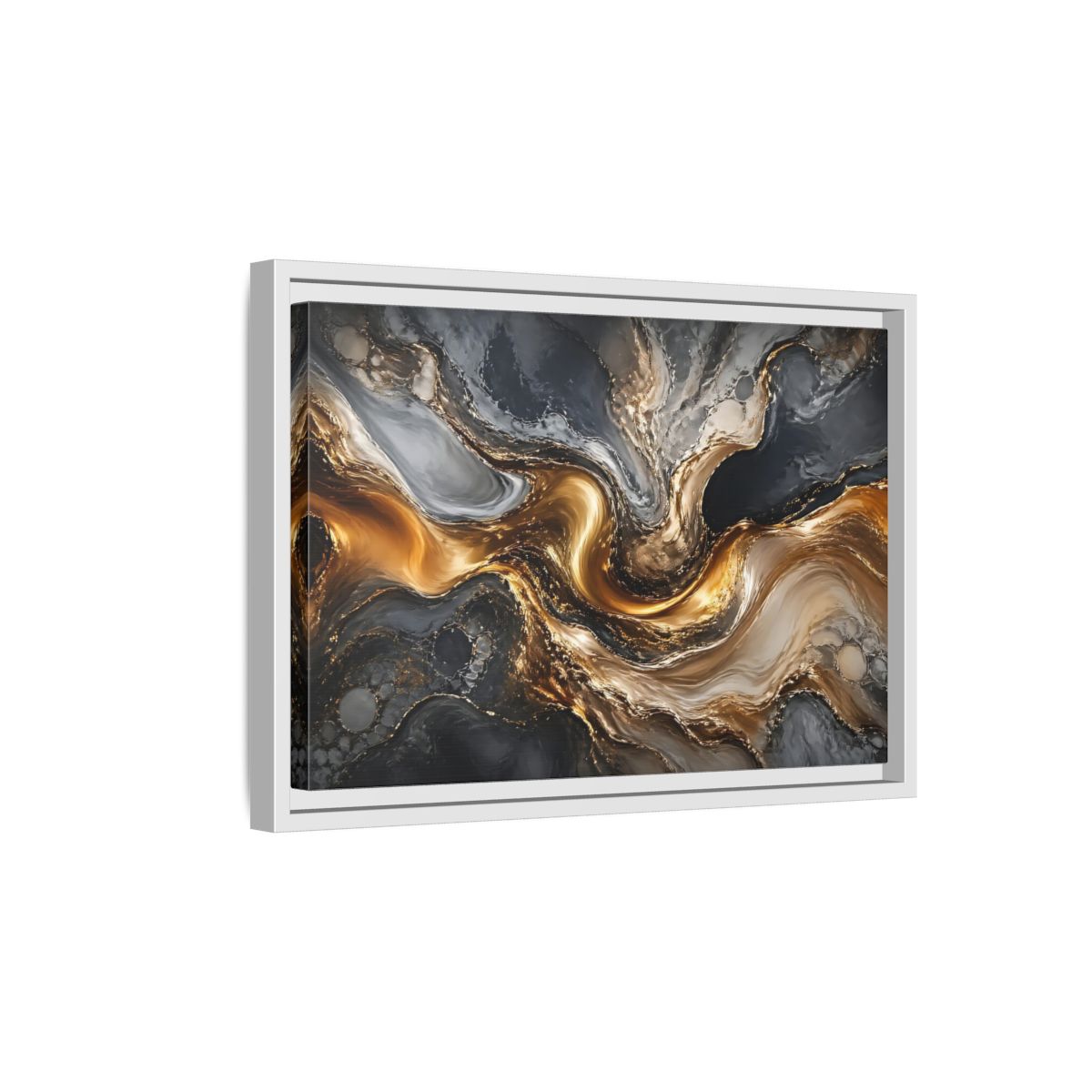 Side Mockup 4. Abstract Abstract Swirls Gold And Grey shown as stretched canvas wall art