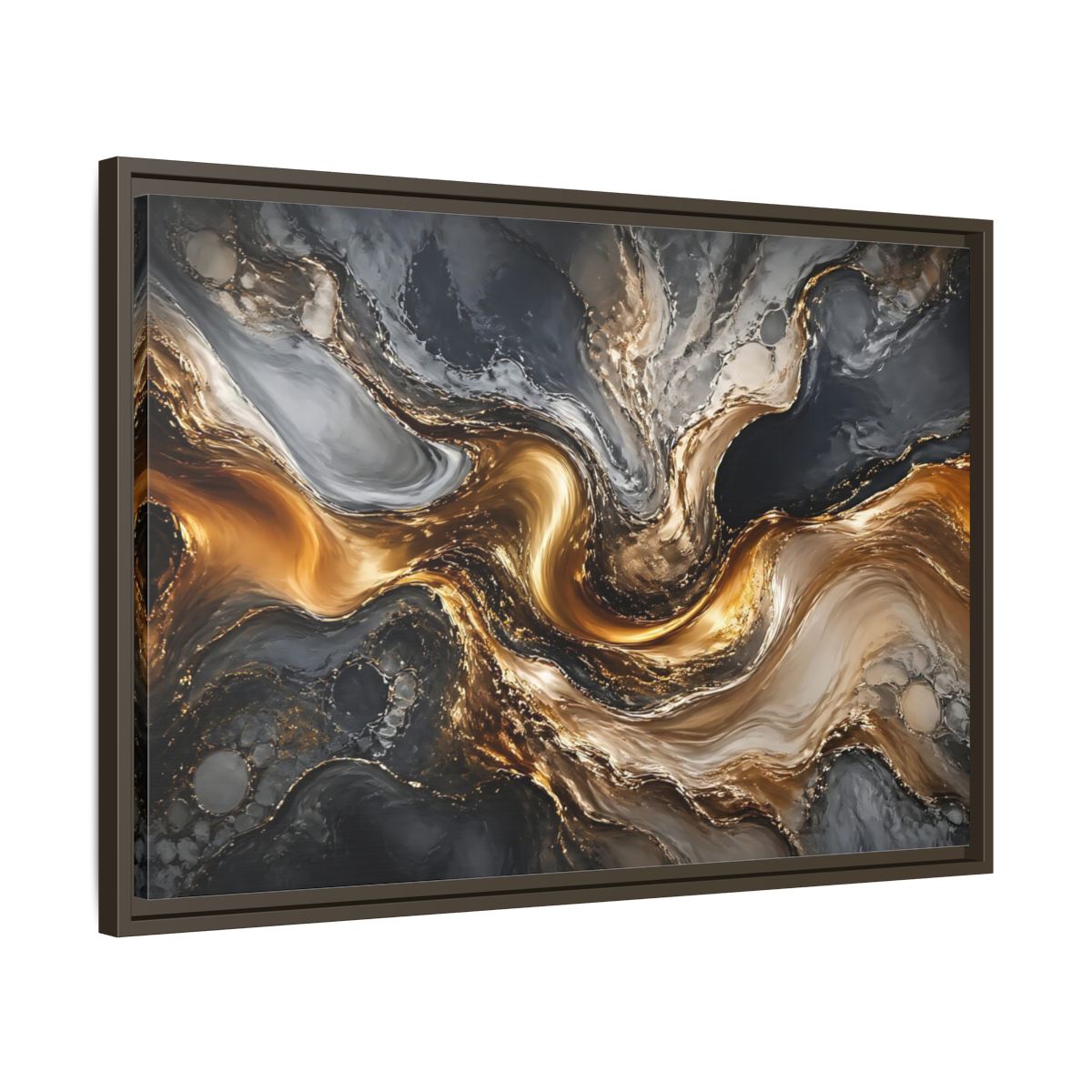 Side Mockup 11. Abstract Abstract Swirls Gold And Grey shown as stretched canvas wall art