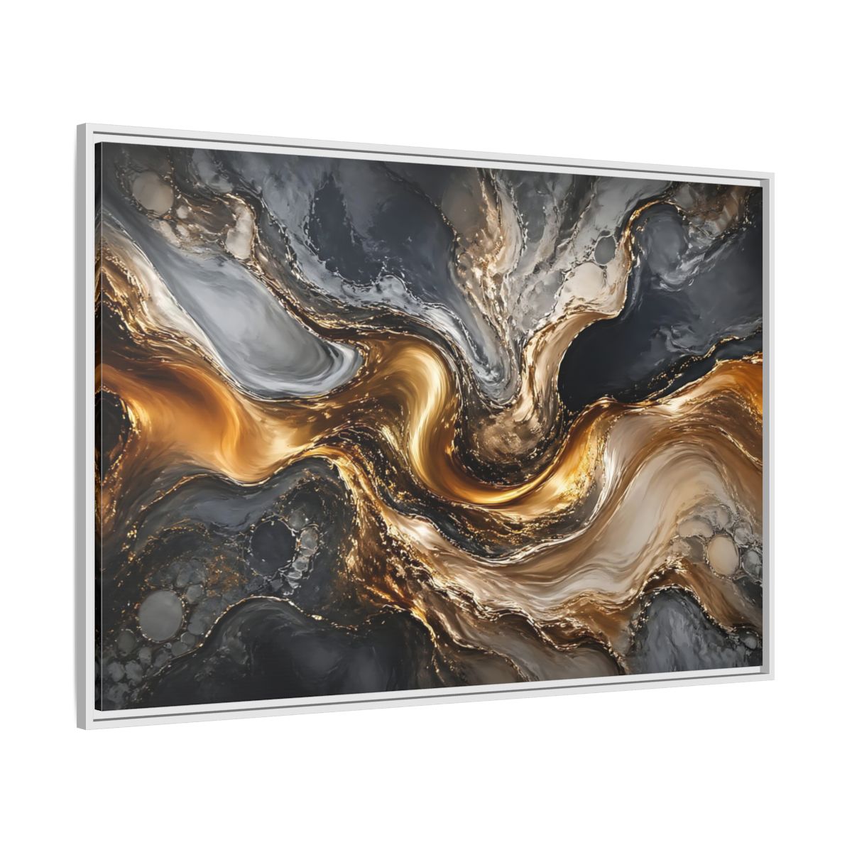 Side Mockup 7. Abstract Abstract Swirls Gold And Grey shown as stretched canvas wall art